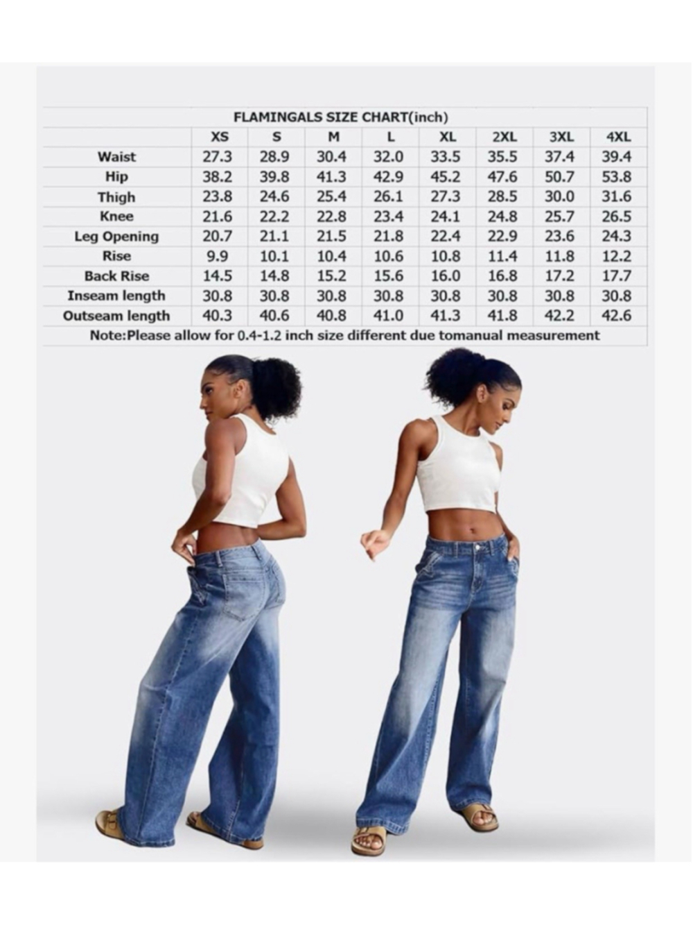 FLAMINGALS Women's Grey Wide Leg Jeans High Rise Button Fly Stretch Denim L - Picture 4 of 7